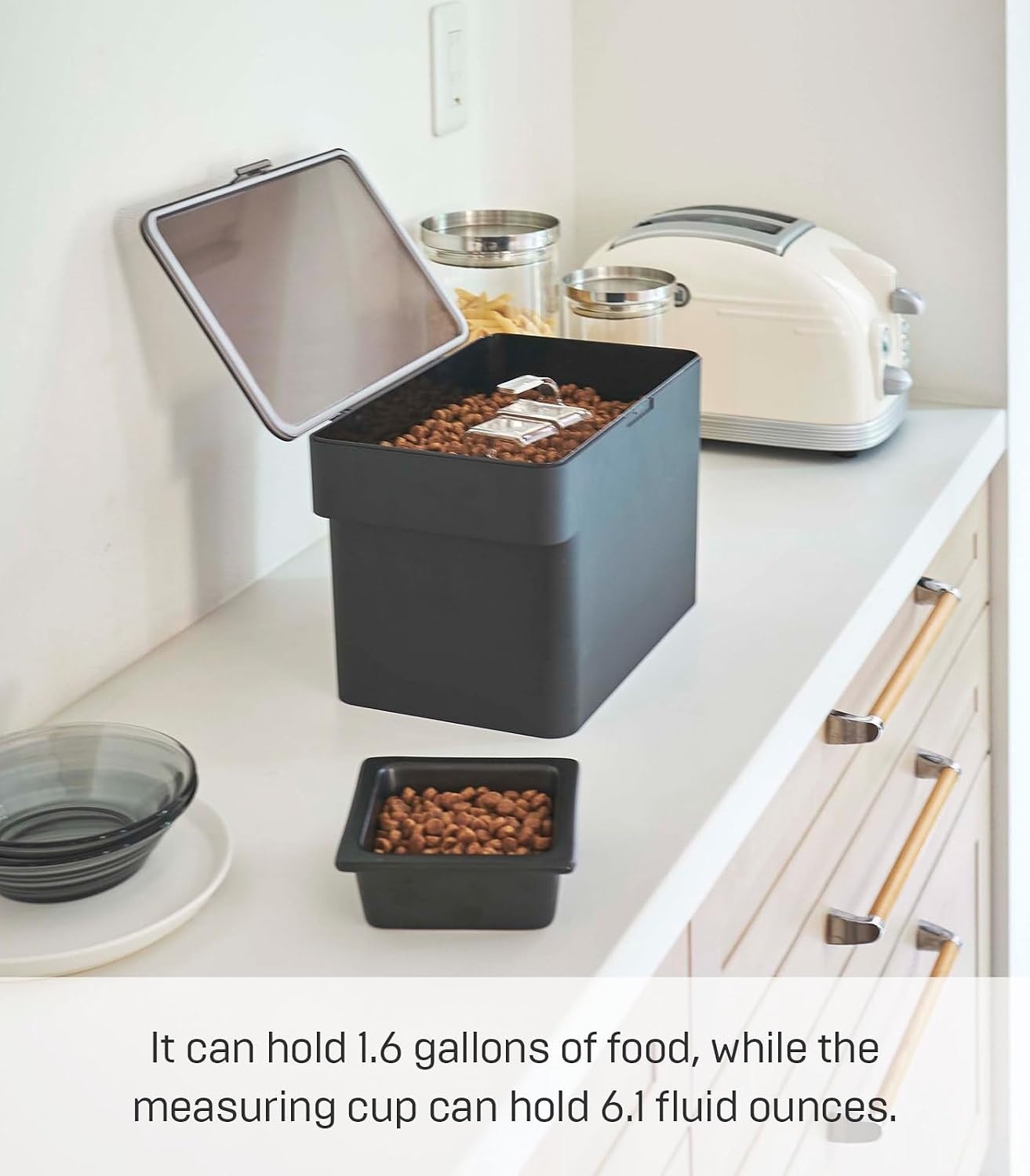 image:imageYAMAZAKI Home Tower Airtight Pet Food Storage Container Cat And Dog Food Holder Bin With Transparent Lid And Handle Medium Polypropylene 8 Lbs 16 Gallons 6 QuartsWhiteBlack