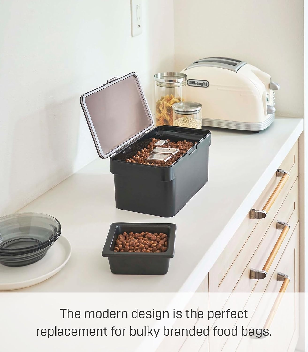 image:imageYAMAZAKI Home Tower Airtight Pet Food Storage Container Cat And Dog Food Holder Bin With Transparent Lid And Handle Medium Polypropylene 8 Lbs 16 Gallons 6 QuartsWhiteBlack
