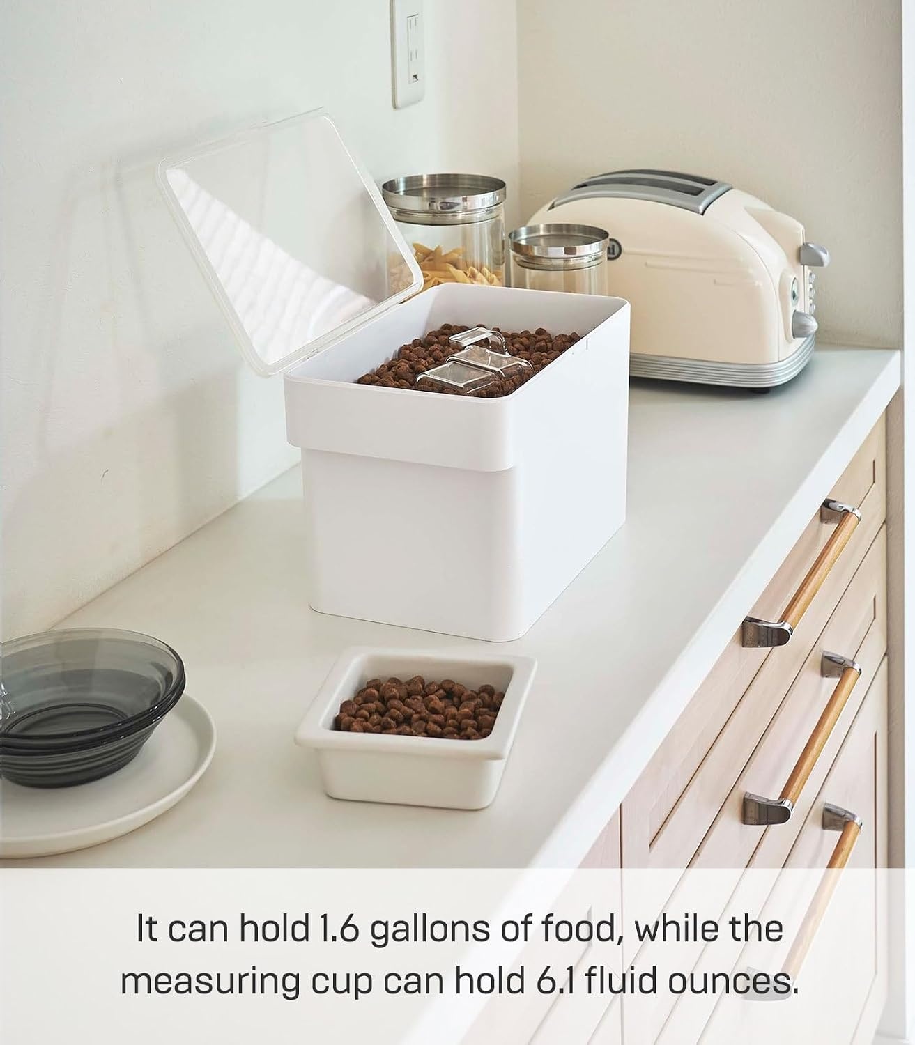 image:imageYAMAZAKI Home Tower Airtight Pet Food Storage Container Cat And Dog Food Holder Bin With Transparent Lid And Handle Medium Polypropylene 8 Lbs 16 Gallons 6 QuartsWhiteWhite