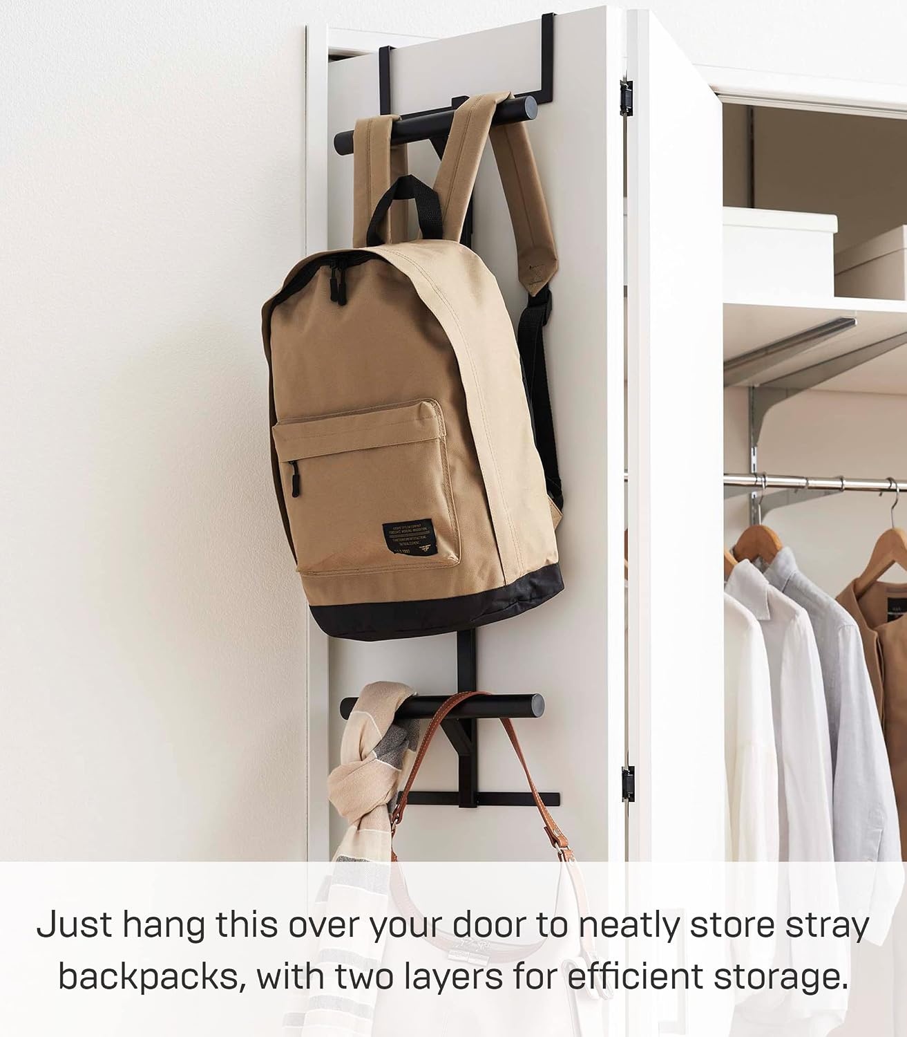 image:imageYAMAZAKI Home Tower Backpack Over The Door Hanger for Closet Or Bedroom TwoTiered Bookbag Metal Storage Rack Easy Installation SteelBlack