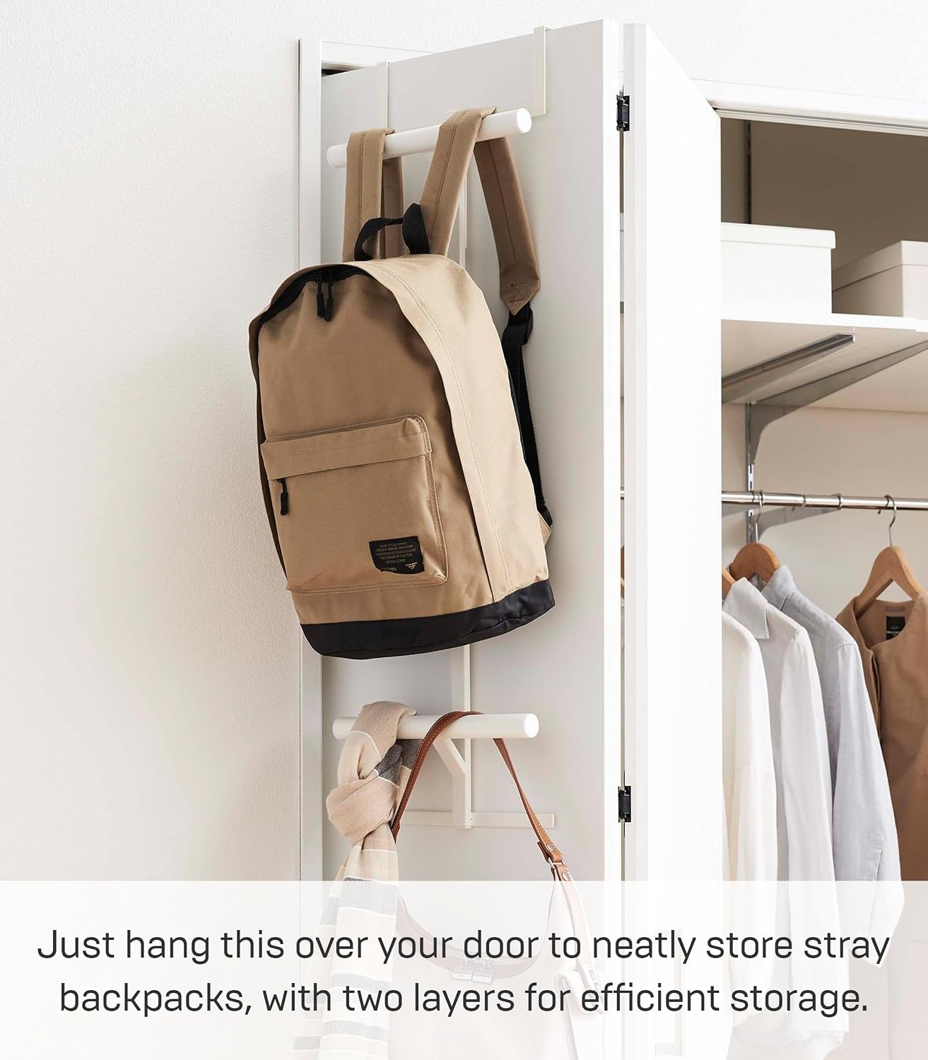 image:imageYAMAZAKI Home Tower Backpack Over The Door Hanger for Closet Or Bedroom TwoTiered Bookbag Metal Storage Rack Easy Installation SteelWhite