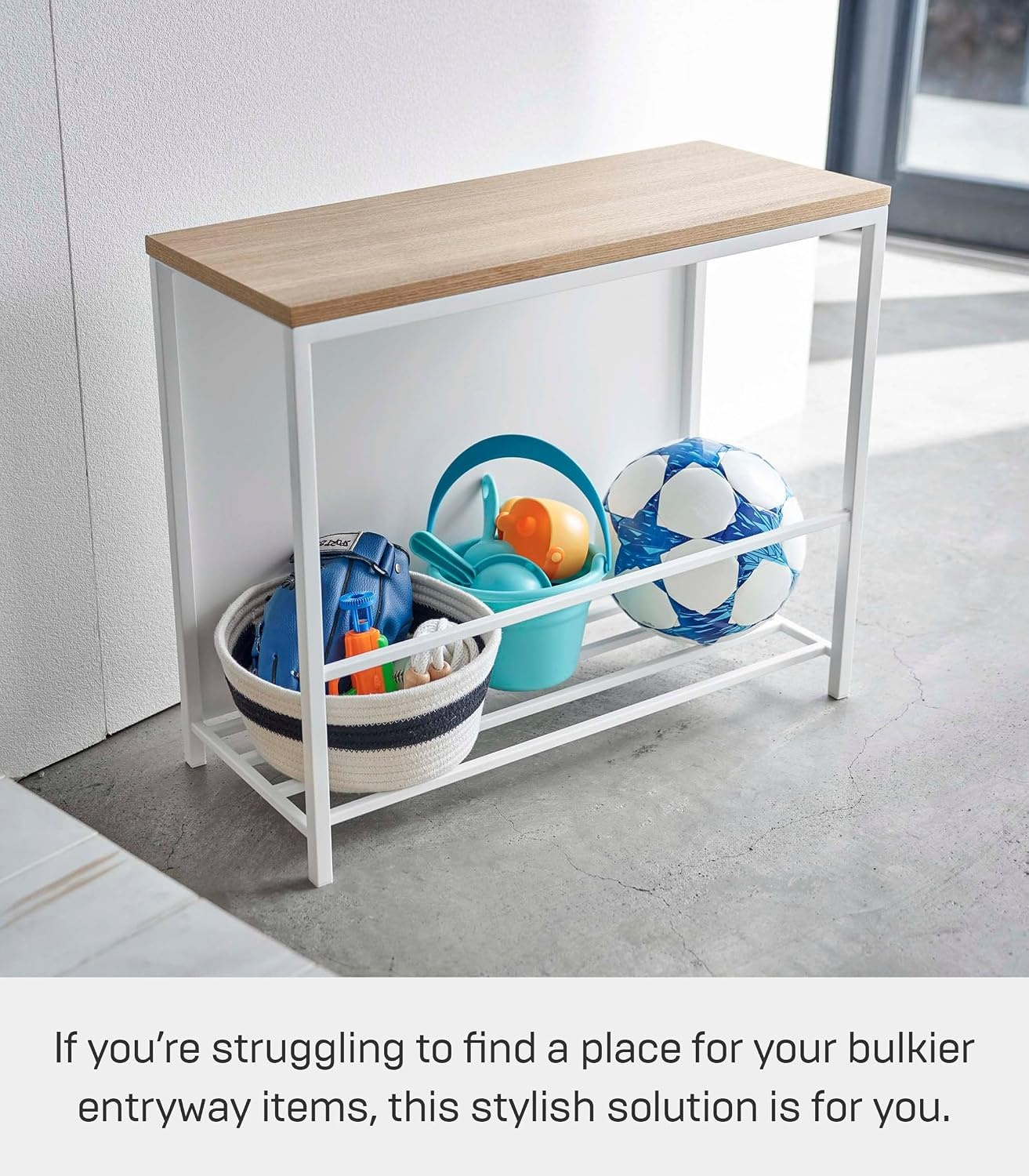 image:imageYAMAZAKI Home Tower Entryway Storage Shelf Rack for Slippers Shoes Boots Or Bags Metal Entrance Mudroom Storage with Sturdy Wooden Bench Top 18 Steel WoodWhite