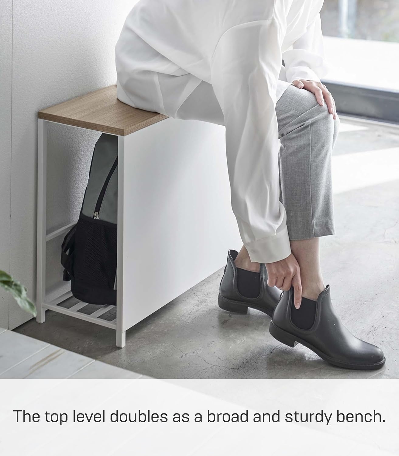 image:imageYAMAZAKI Home Tower Entryway Storage Shelf Rack for Slippers Shoes Boots Or Bags Metal Entrance Mudroom Storage with Sturdy Wooden Bench Top 18 Steel WoodWhite