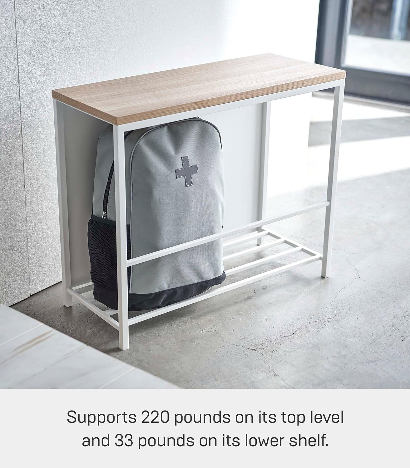 image:imageYAMAZAKI Home Tower Entryway Storage Shelf Rack for Slippers Shoes Boots Or Bags Metal Entrance Mudroom Storage with Sturdy Wooden Bench Top 18 Steel WoodWhite
