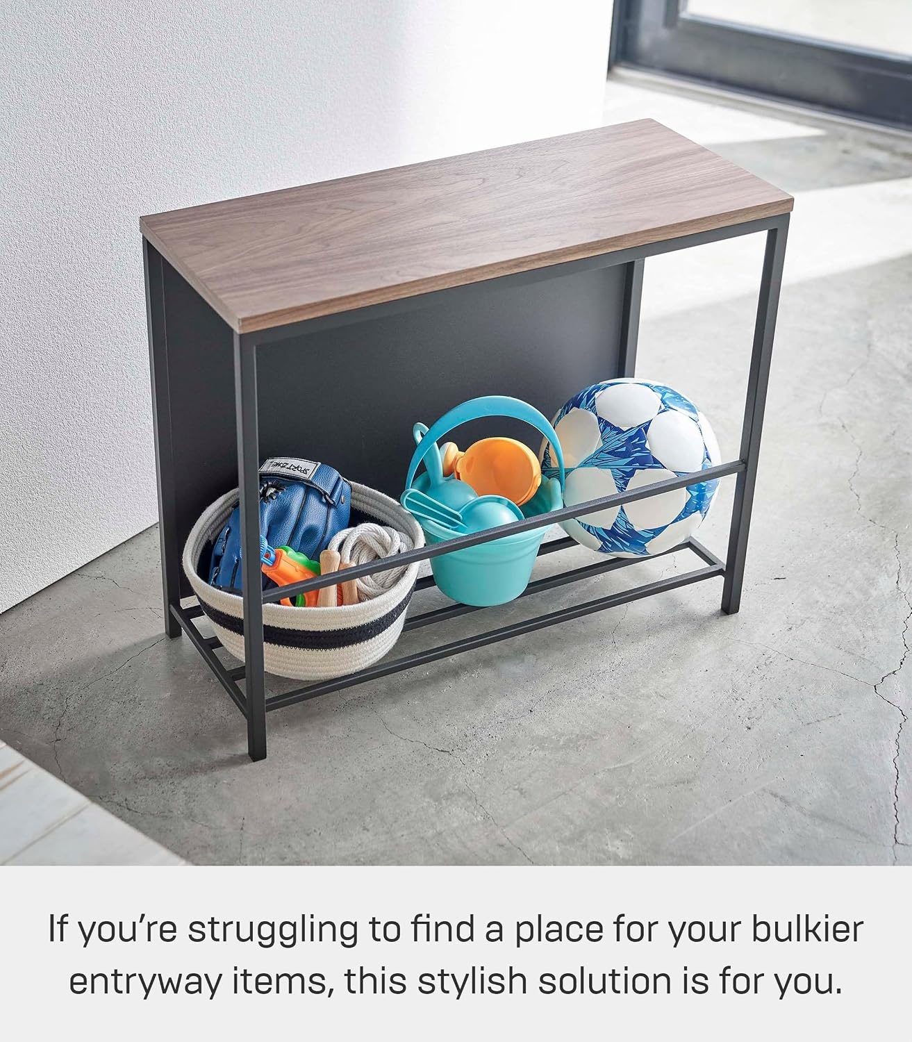image:imageYAMAZAKI Home Tower Entryway Storage Shelf Rack for Slippers Shoes Boots Or Bags Metal Entrance Mudroom Storage with Sturdy Wooden Bench Top 18 Steel WoodBlack