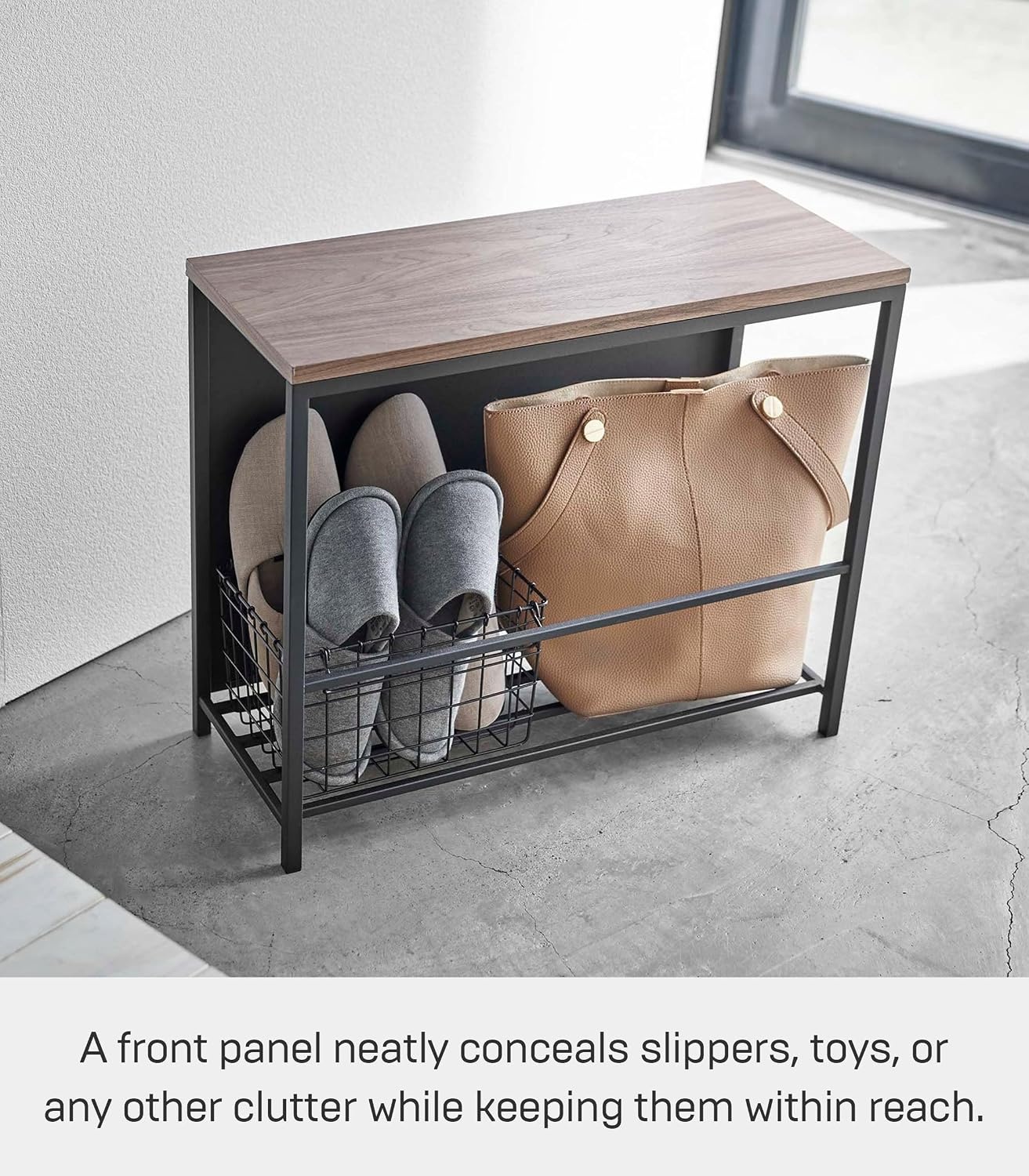 image:imageYAMAZAKI Home Tower Entryway Storage Shelf Rack for Slippers Shoes Boots Or Bags Metal Entrance Mudroom Storage with Sturdy Wooden Bench Top 18 Steel WoodBlack