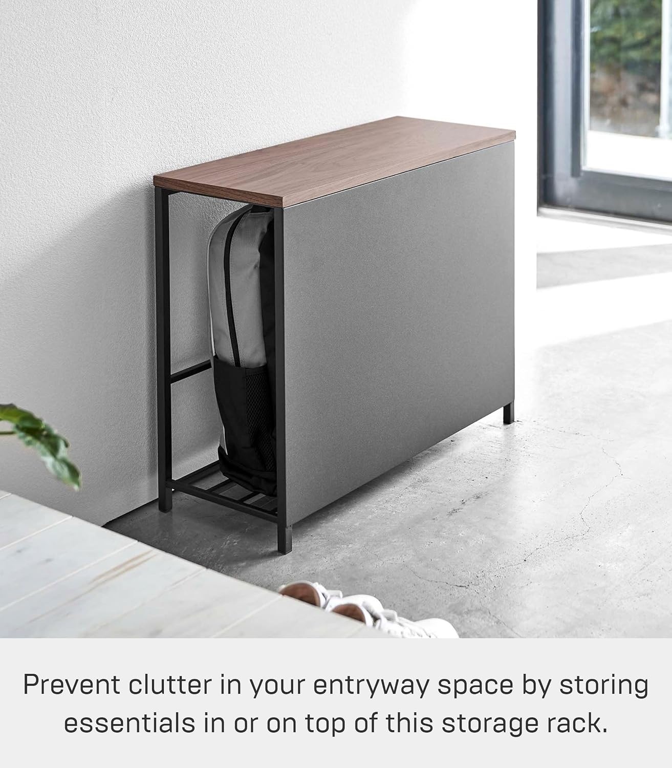 image:imageYAMAZAKI Home Tower Entryway Storage Shelf Rack for Slippers Shoes Boots Or Bags Metal Entrance Mudroom Storage with Sturdy Wooden Bench Top 18 Steel WoodBlack