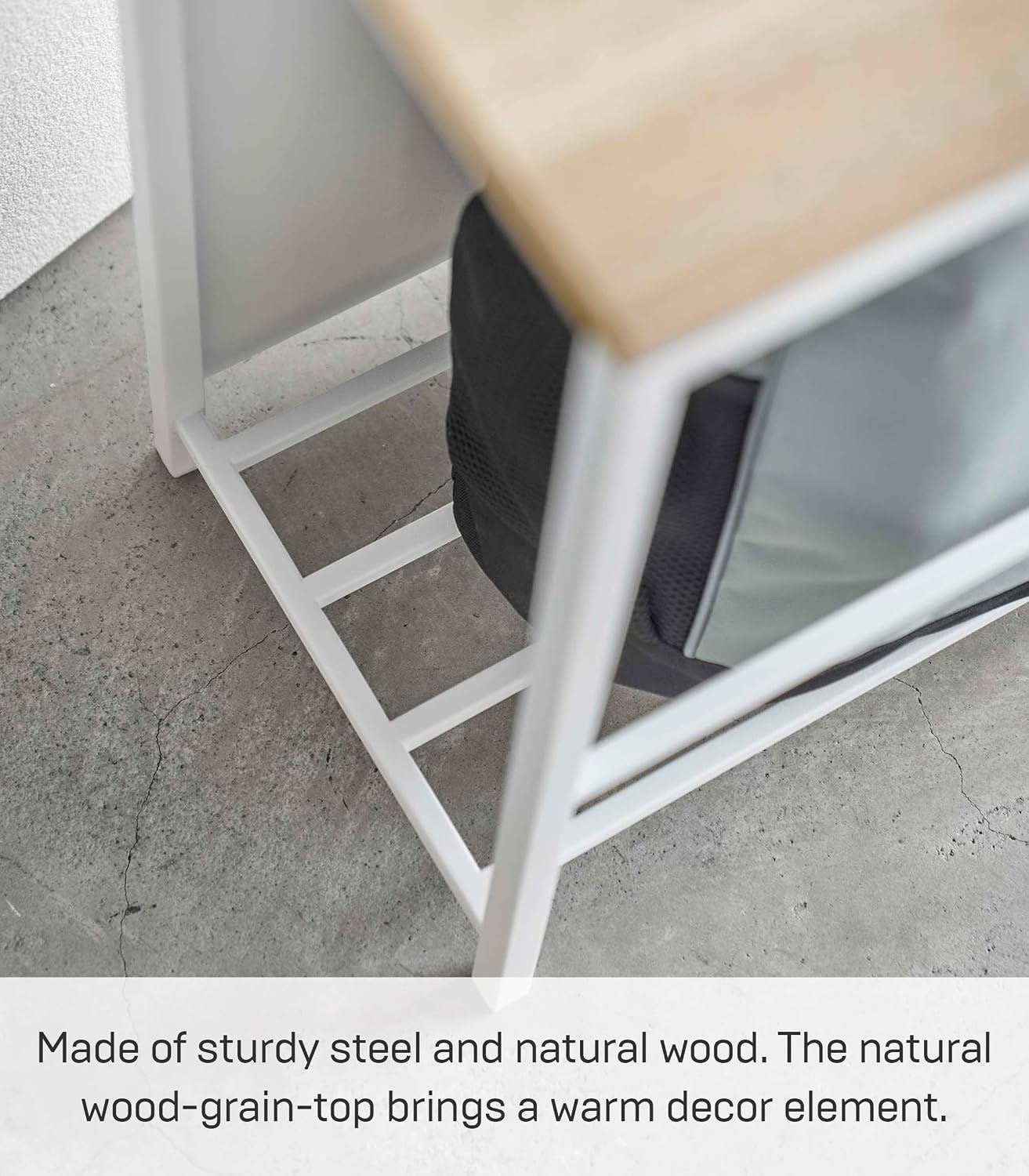 image:imageYAMAZAKI Home Tower Entryway Storage Shelf Rack for Slippers Shoes Boots Or Bags Metal Entrance Mudroom Storage with Sturdy Wooden Bench Top 18 Steel WoodWhite