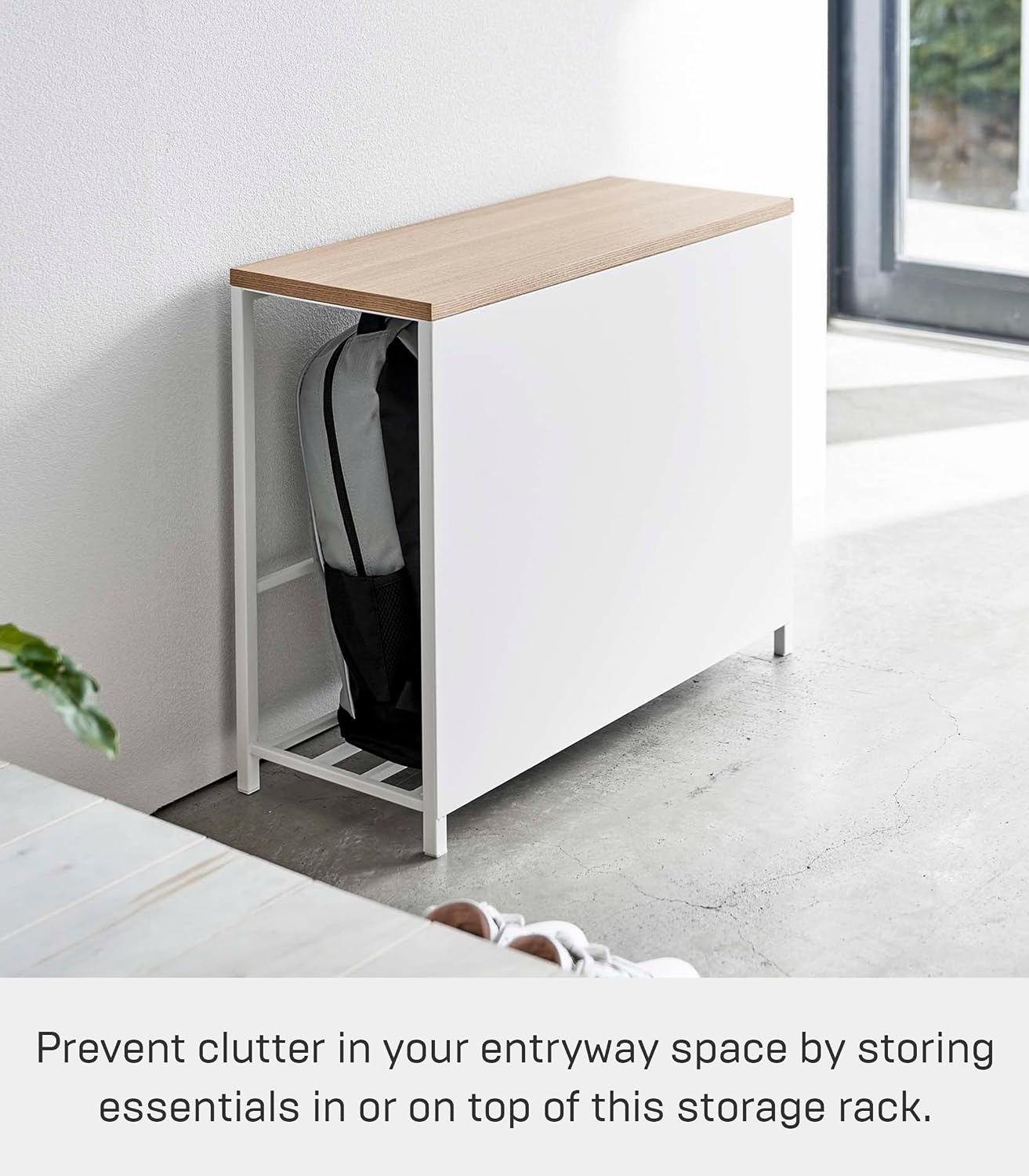 image:imageYAMAZAKI Home Tower Entryway Storage Shelf Rack for Slippers Shoes Boots Or Bags Metal Entrance Mudroom Storage with Sturdy Wooden Bench Top 18 Steel WoodWhite