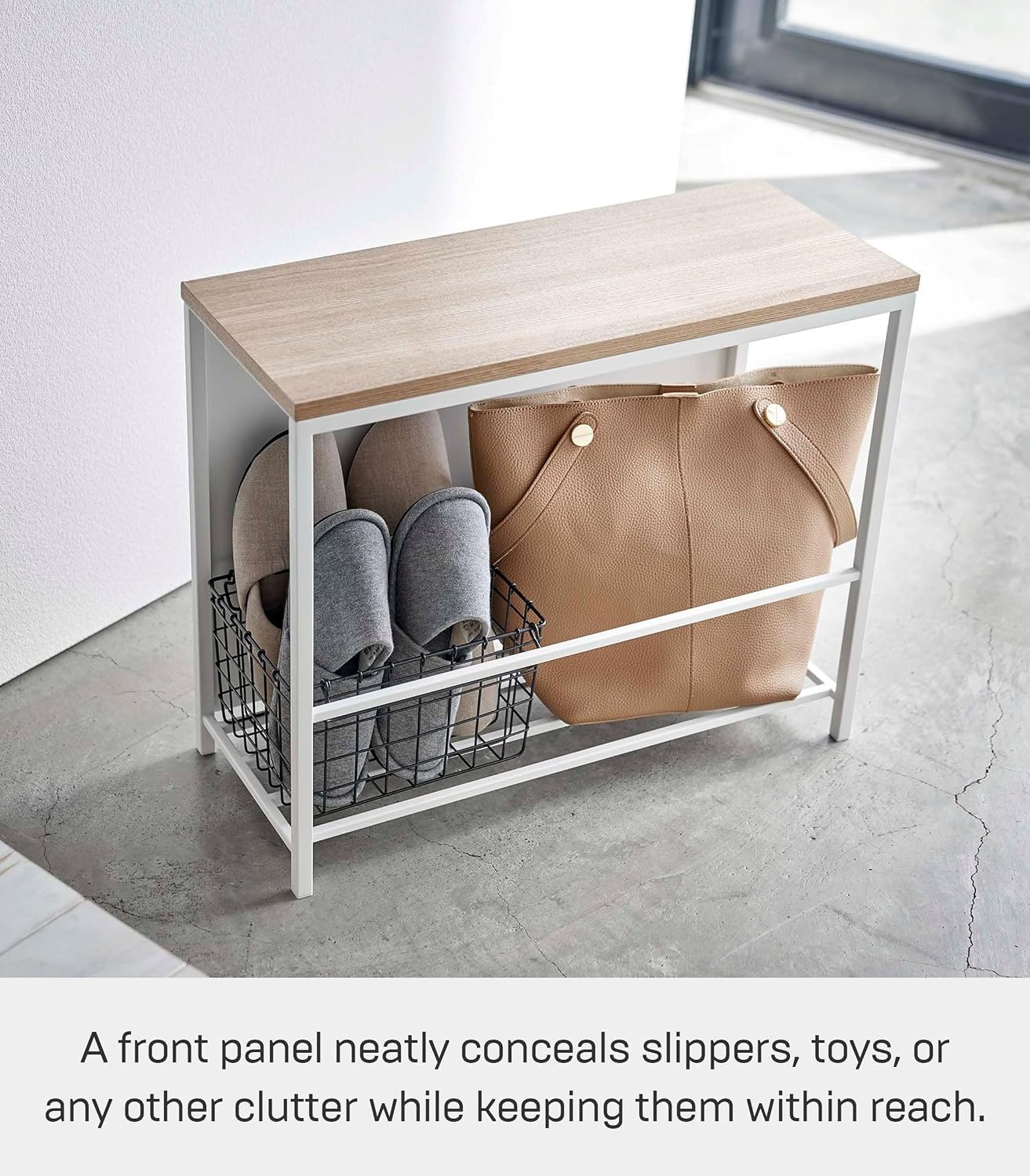 image:imageYAMAZAKI Home Tower Entryway Storage Shelf Rack for Slippers Shoes Boots Or Bags Metal Entrance Mudroom Storage with Sturdy Wooden Bench Top 18 Steel WoodWhite