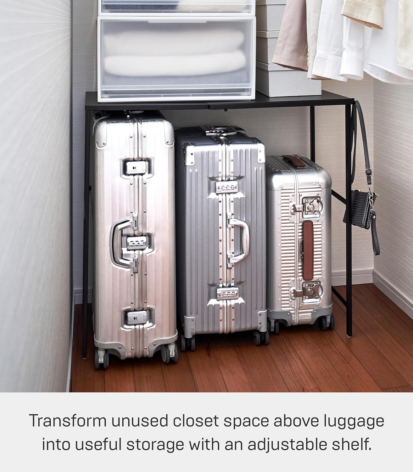 image:imageYAMAZAKI Home Tower Expandable Over Suitcase Shelf Closet Luggage Organization Clothes Hanger Metal Shelf SteelBlack