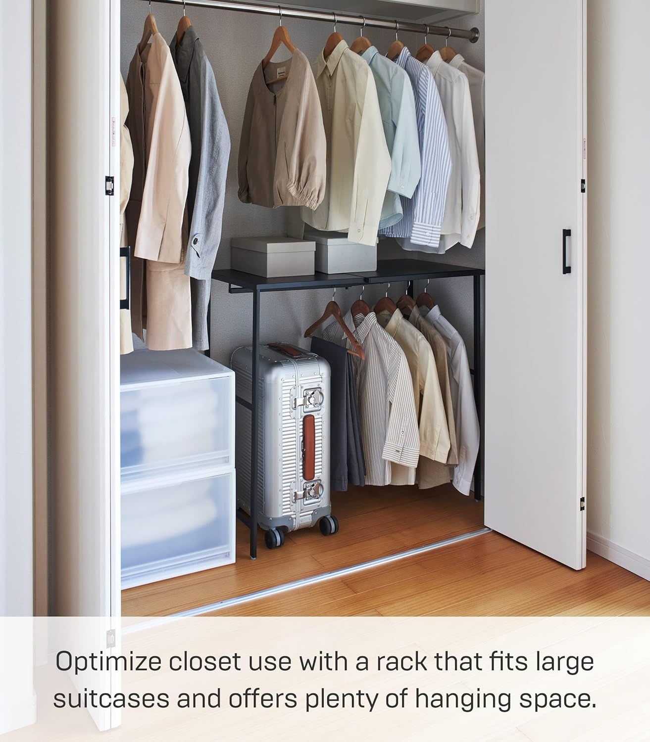 image:imageYAMAZAKI Home Tower Expandable Over Suitcase Shelf Closet Luggage Organization Clothes Hanger Metal Shelf SteelBlack