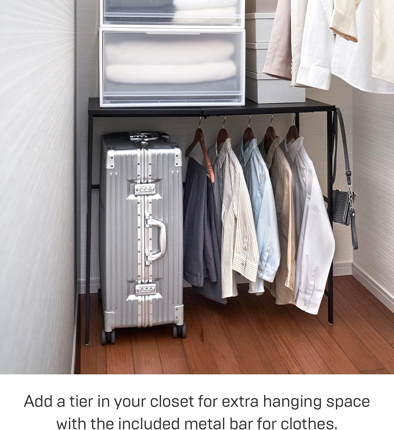 image:imageYAMAZAKI Home Tower Expandable Over Suitcase Shelf Closet Luggage Organization Clothes Hanger Metal Shelf SteelBlack