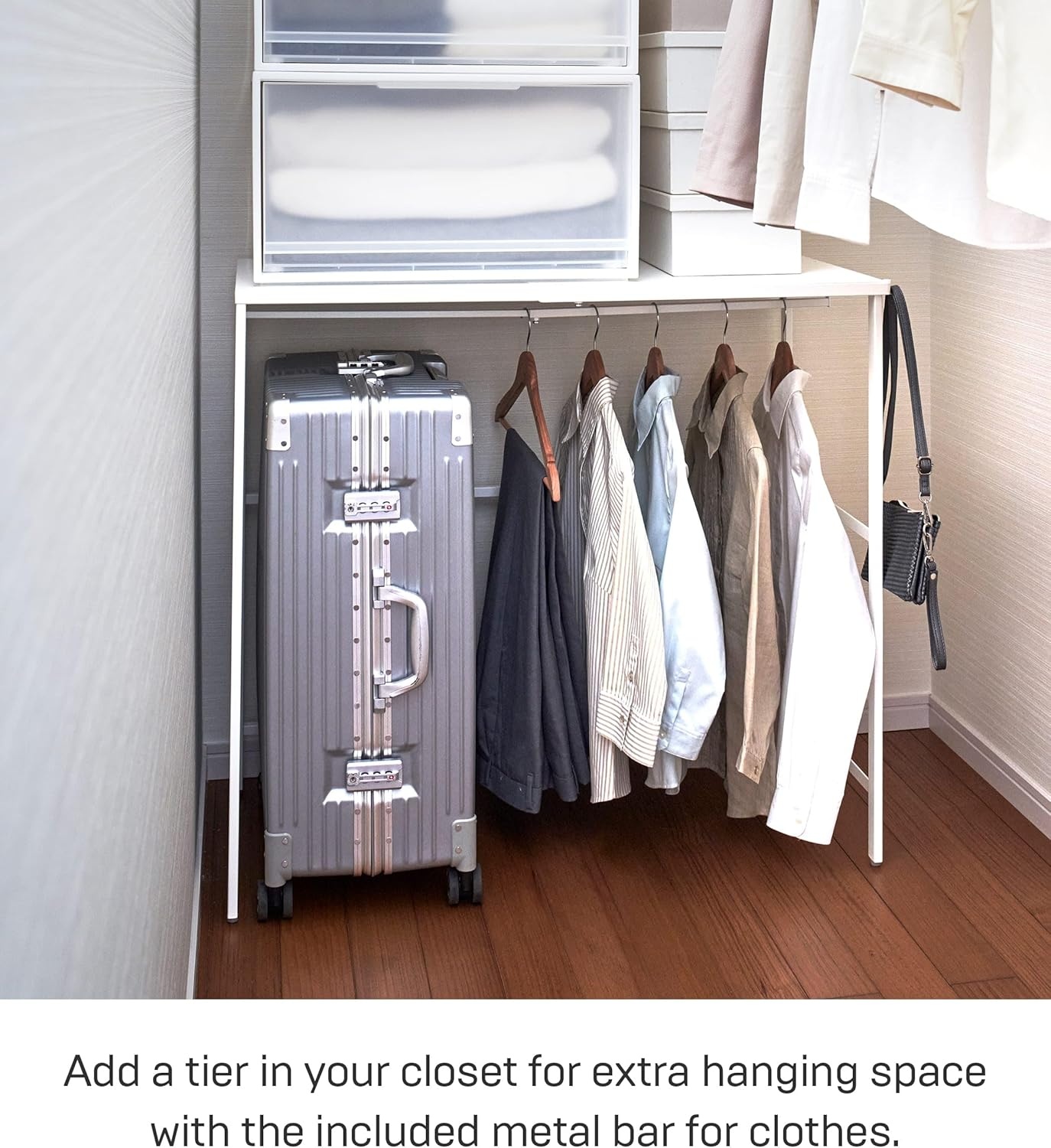 image:imageYAMAZAKI Home Tower Expandable Over Suitcase Shelf Closet Luggage Organization Clothes Hanger Metal Shelf SteelWhite