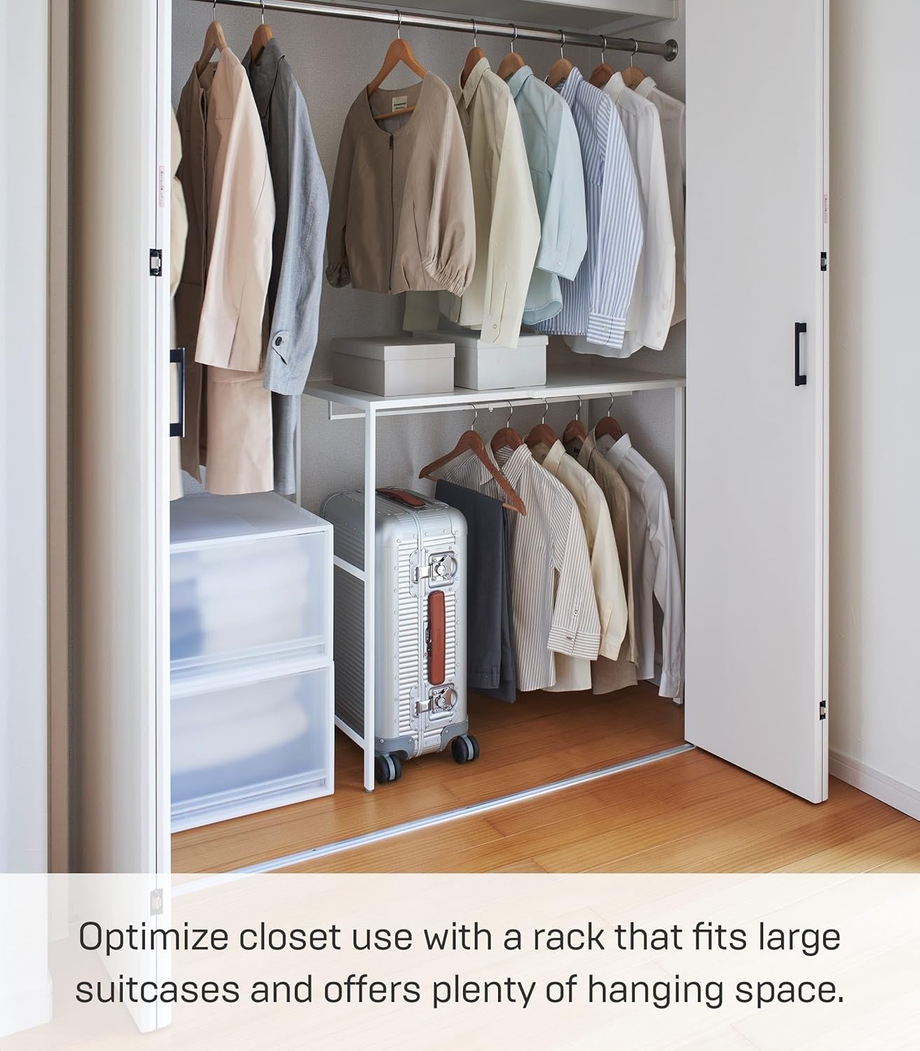 image:imageYAMAZAKI Home Tower Expandable Over Suitcase Shelf Closet Luggage Organization Clothes Hanger Metal Shelf SteelWhite