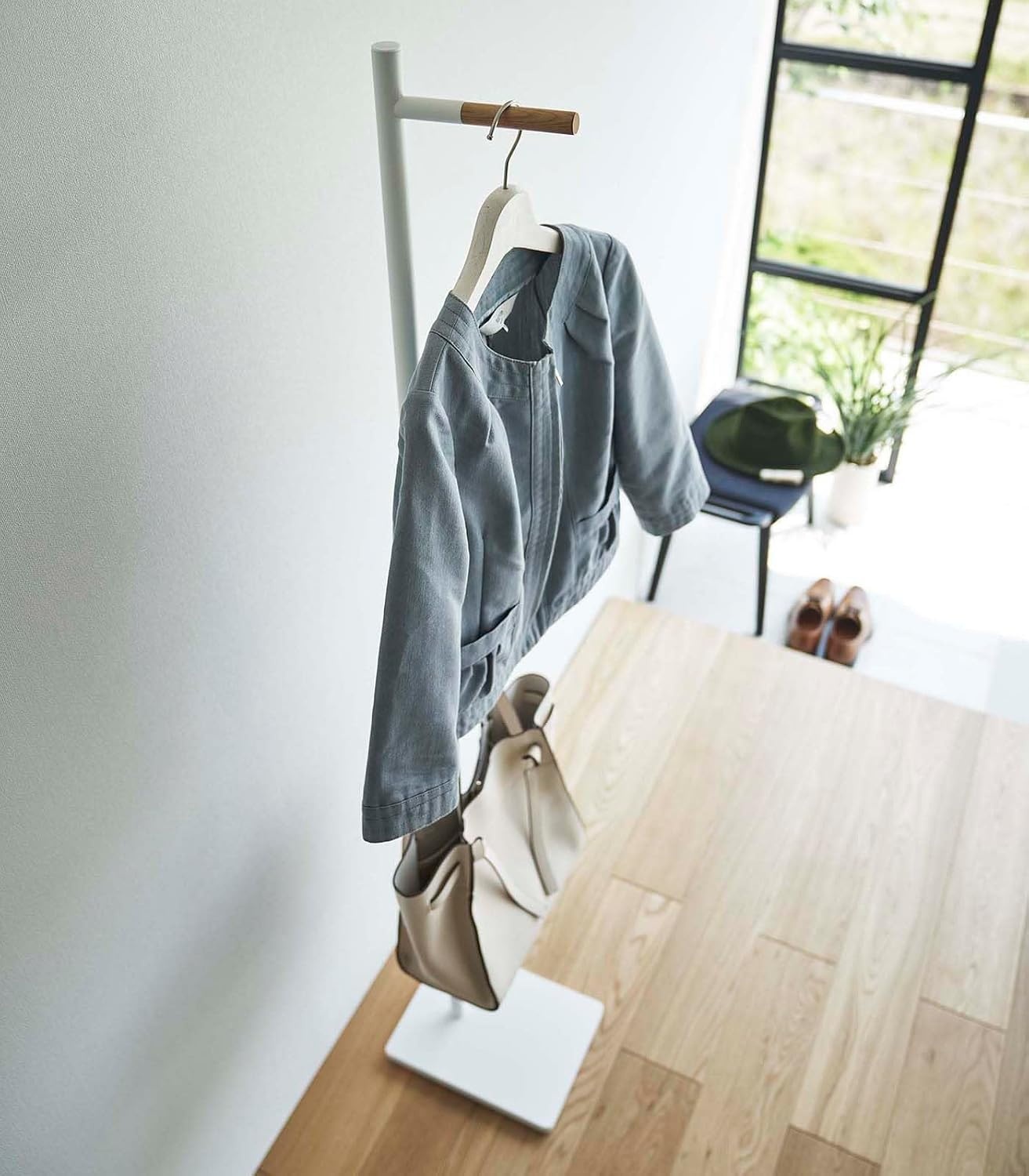 image:imageYAMAZAKI Home Tower Freestanding Modern Coat Hook Hanger For Entryway Office Or Bedroom With Wooden Accent 6398 Steel WoodWhite