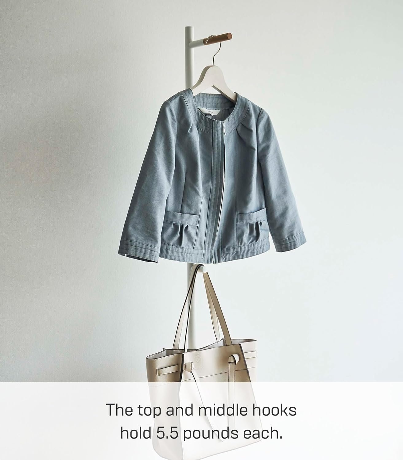image:imageYAMAZAKI Home Tower Freestanding Modern Coat Hook Hanger For Entryway Office Or Bedroom With Wooden Accent 6398 Steel WoodWhite