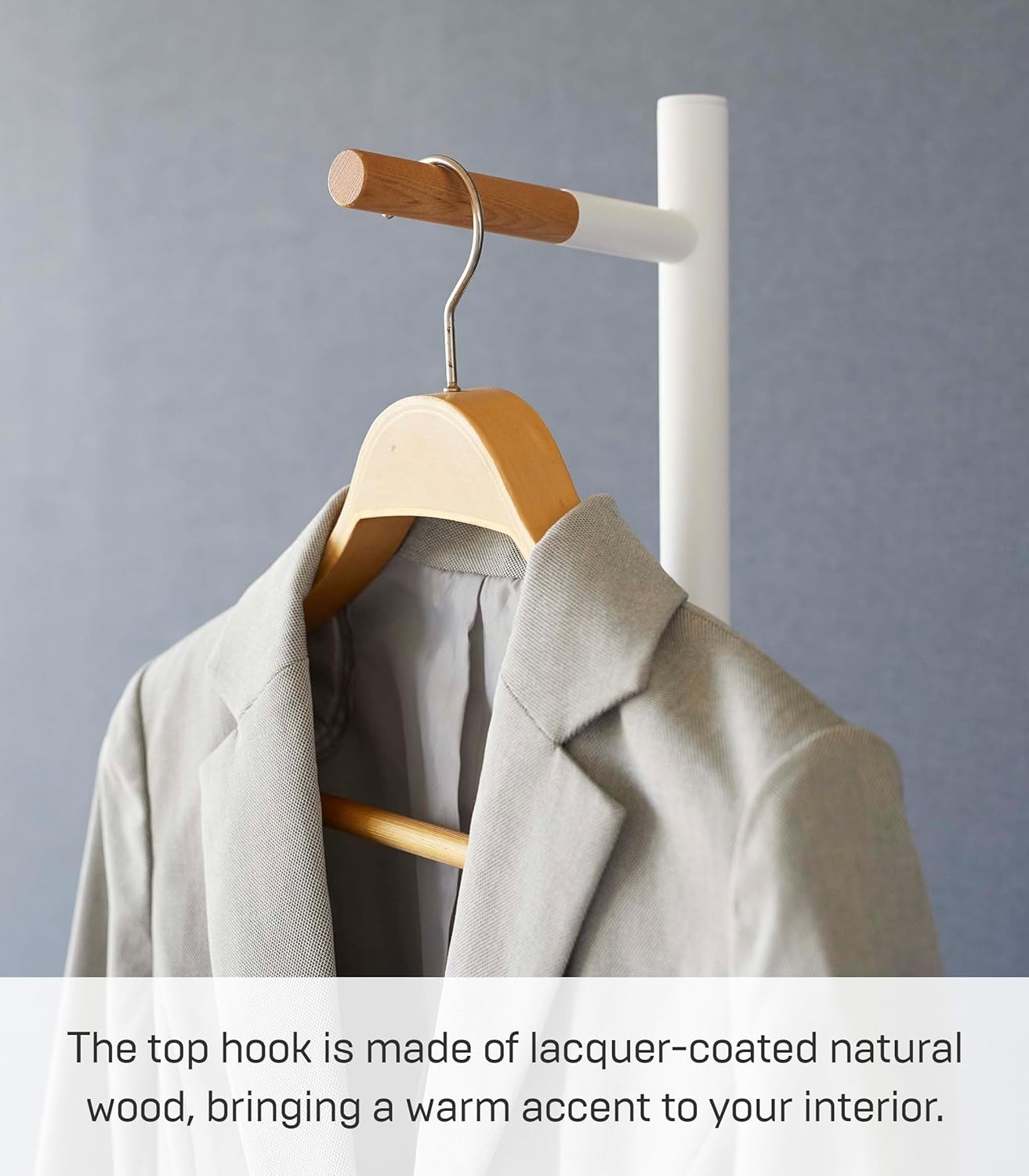 image:imageYAMAZAKI Home Tower Freestanding Modern Coat Hook Hanger For Entryway Office Or Bedroom With Wooden Accent 6398 Steel WoodWhite