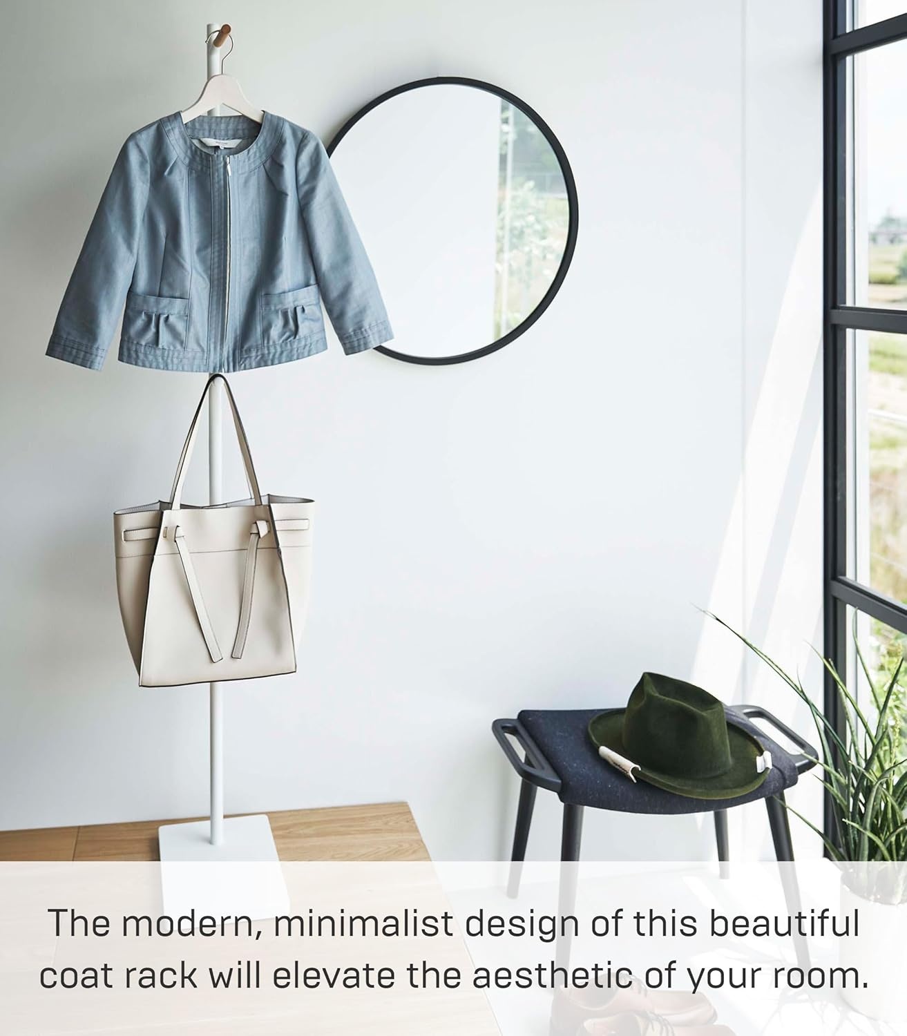 image:imageYAMAZAKI Home Tower Freestanding Modern Coat Hook Hanger For Entryway Office Or Bedroom With Wooden Accent 6398 Steel WoodWhite