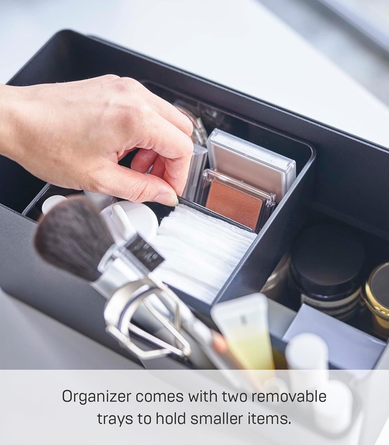 image:imageYAMAZAKI Home Tower Large Makeup Organizer Cosmetic Caddy With Handle Vanity Storage Drawer With Lid Steel WoodBlack