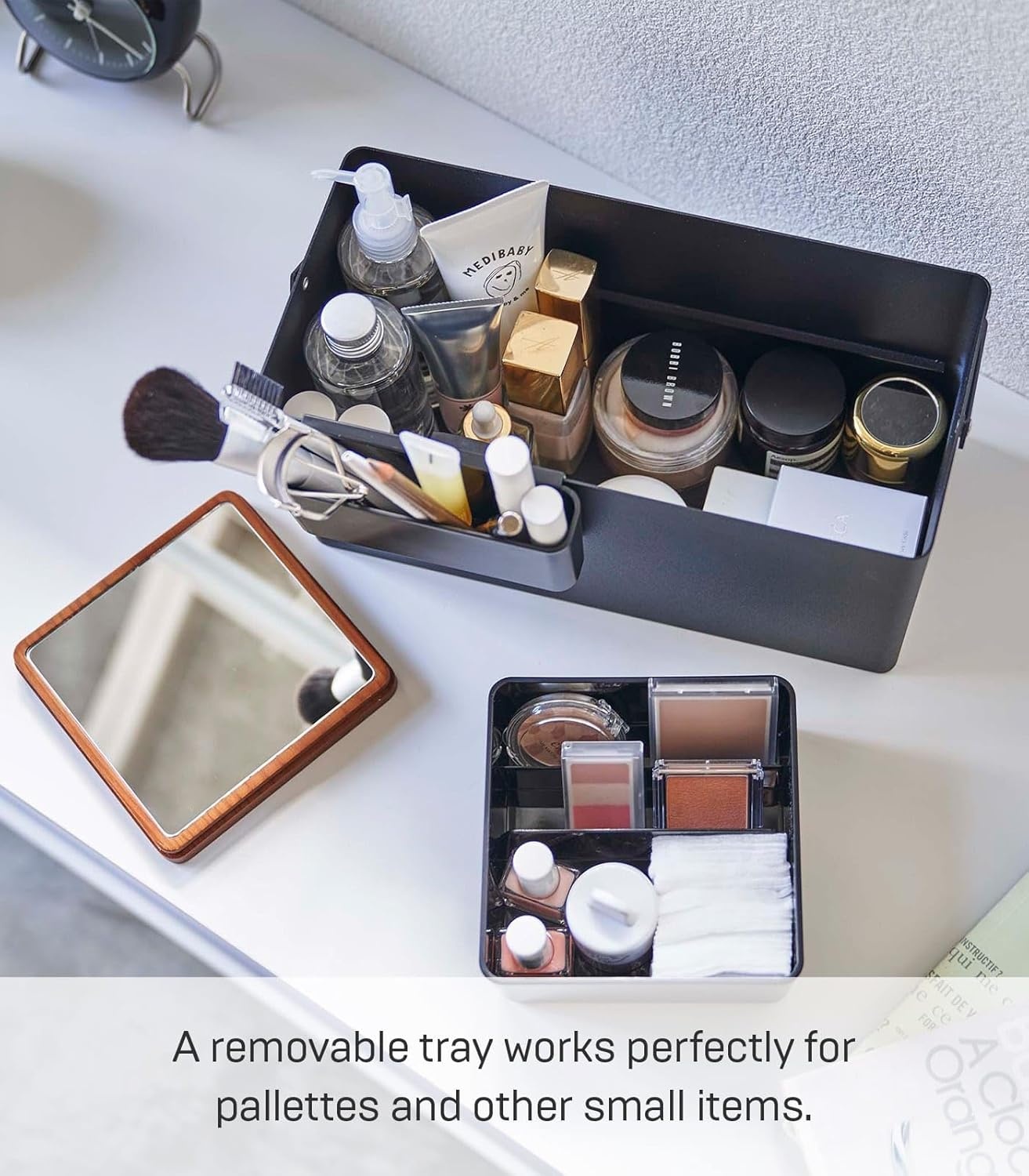 image:imageYAMAZAKI Home Tower Large Makeup Organizer Cosmetic Caddy With Handle Vanity Storage Drawer With Lid Steel WoodBlack