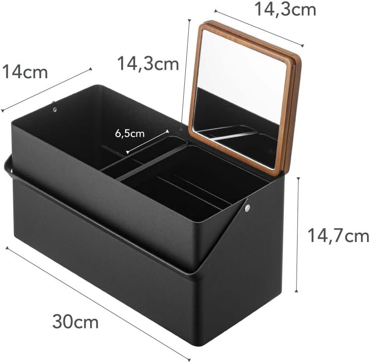 image:imageYAMAZAKI Home Tower Large Makeup Organizer Cosmetic Caddy With Handle Vanity Storage Drawer With Lid Steel WoodBlack