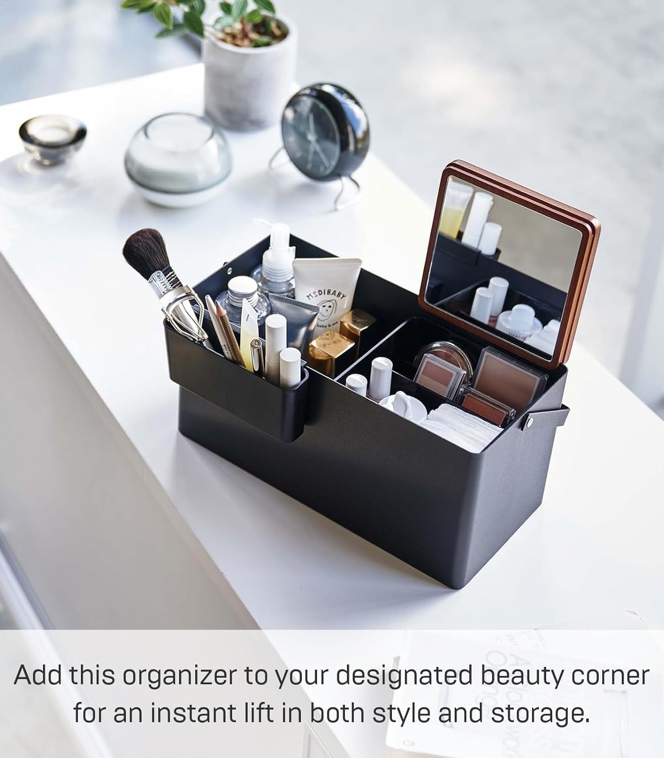 image:imageYAMAZAKI Home Tower Large Makeup Organizer Cosmetic Caddy With Handle Vanity Storage Drawer With Lid Steel WoodBlack