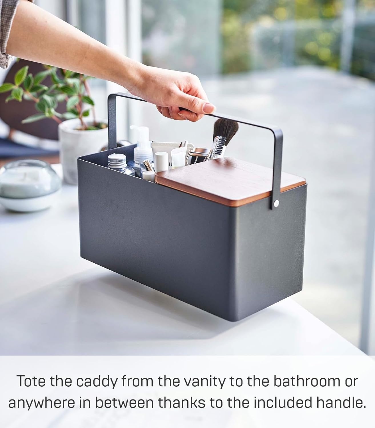 image:imageYAMAZAKI Home Tower Large Makeup Organizer Cosmetic Caddy With Handle Vanity Storage Drawer With Lid Steel WoodBlack
