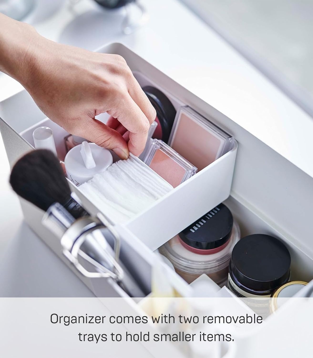 image:imageYAMAZAKI Home Tower Large Makeup Organizer Cosmetic Caddy With Handle Vanity Storage Drawer With Lid Steel WoodWhite