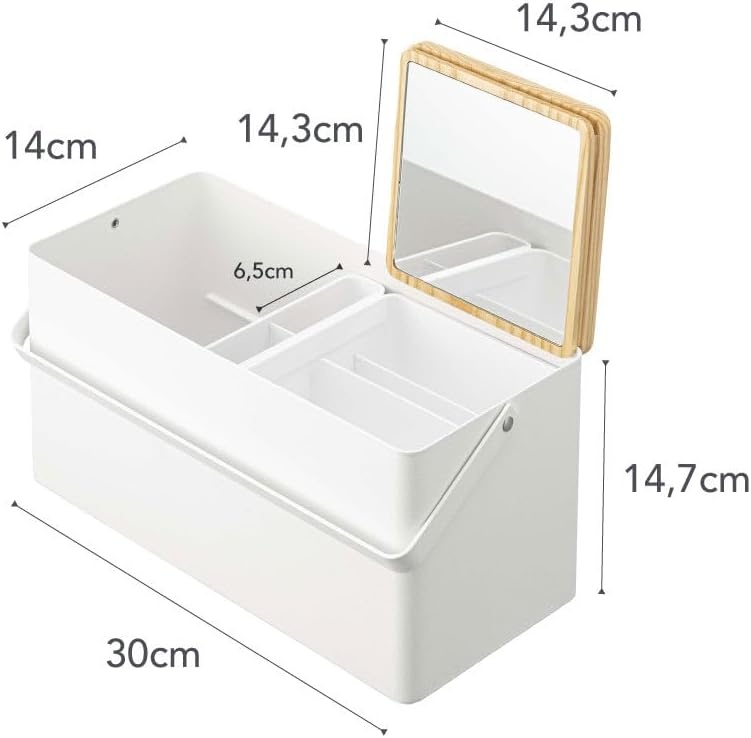 image:imageYAMAZAKI Home Tower Large Makeup Organizer Cosmetic Caddy With Handle Vanity Storage Drawer With Lid Steel WoodWhite