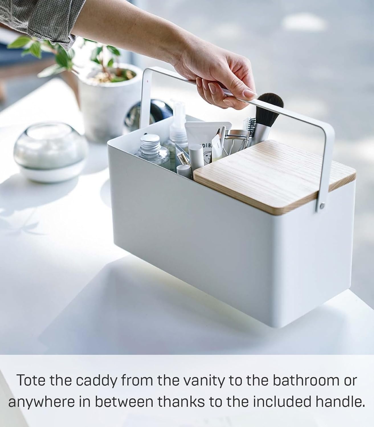 image:imageYAMAZAKI Home Tower Large Makeup Organizer Cosmetic Caddy With Handle Vanity Storage Drawer With Lid Steel WoodWhite