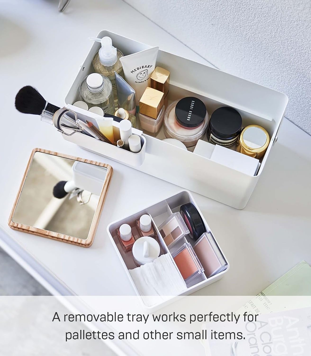 image:imageYAMAZAKI Home Tower Large Makeup Organizer Cosmetic Caddy With Handle Vanity Storage Drawer With Lid Steel WoodWhite
