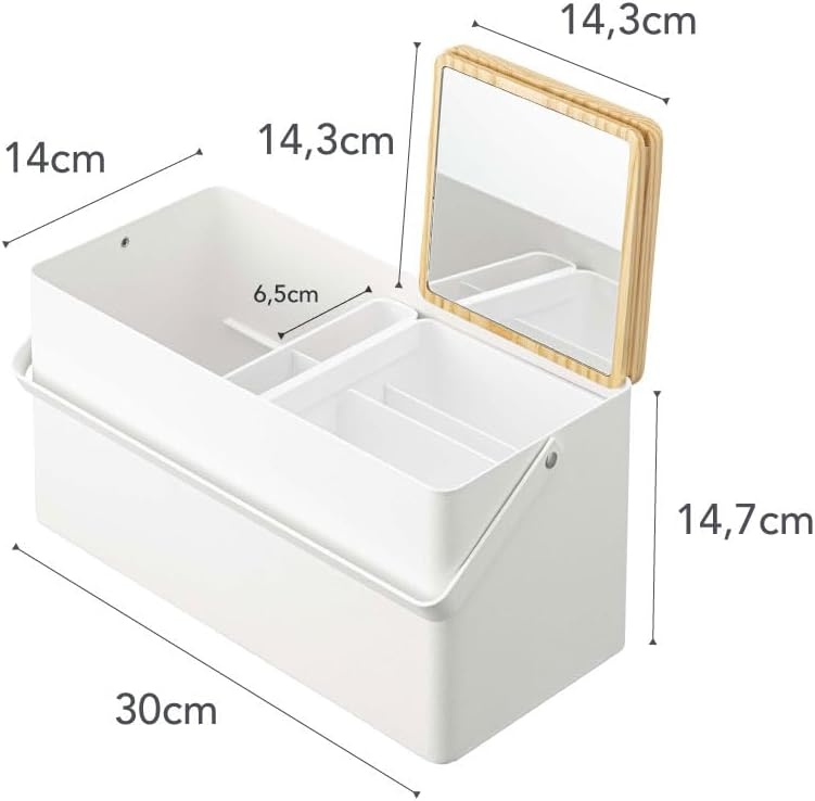 image:imageYAMAZAKI Home Tower Large Makeup Organizer Cosmetic Caddy With Handle Vanity Storage Drawer With Lid Steel WoodWhite