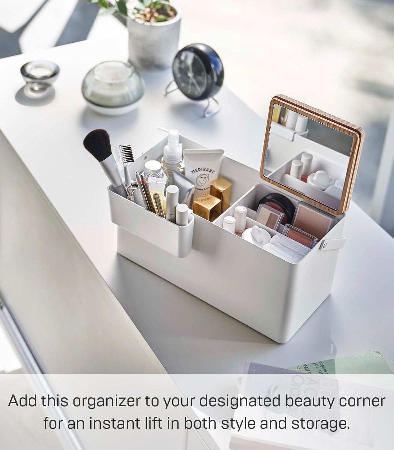 image:imageYAMAZAKI Home Tower Large Makeup Organizer Cosmetic Caddy With Handle Vanity Storage Drawer With Lid Steel WoodWhite