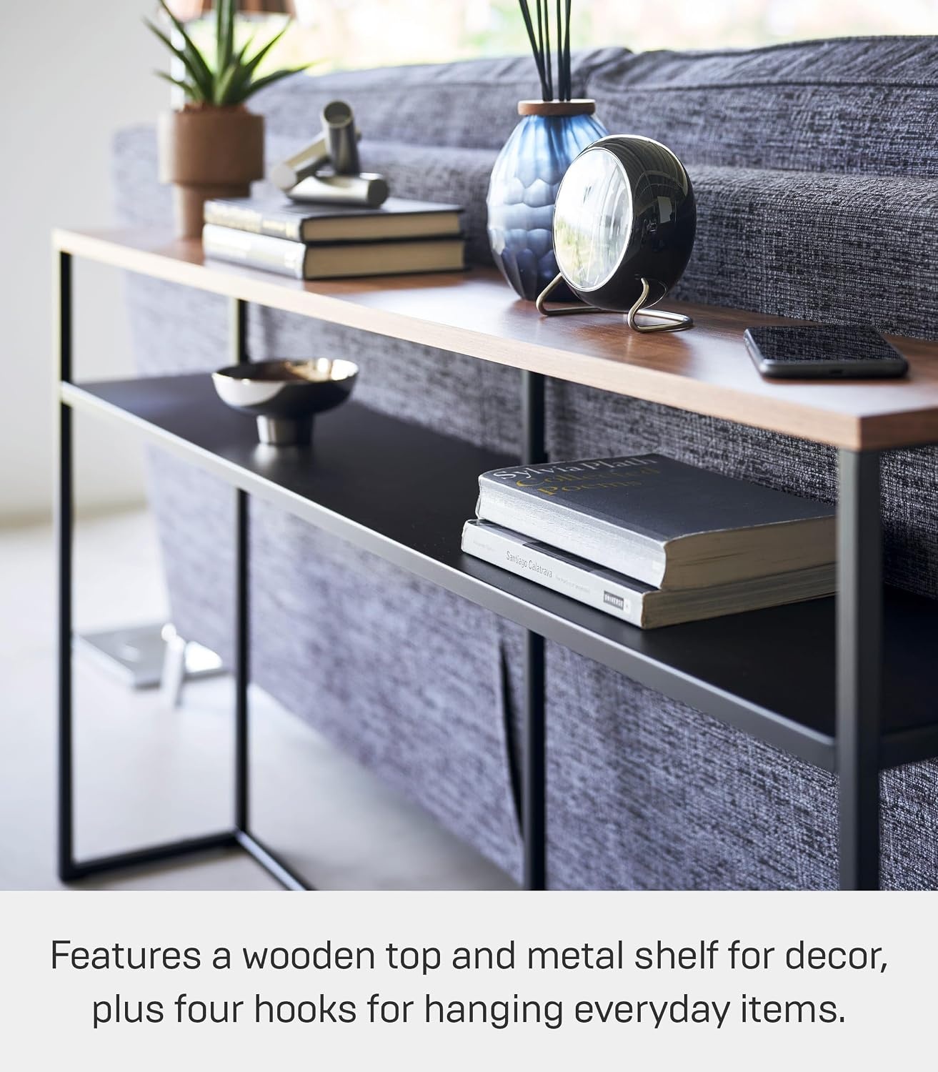 image:imageYAMAZAKI Home Tower Long Console Table for Entryway Or Hallways Narrow Behnd Sofa Table with Wooden TopBlack