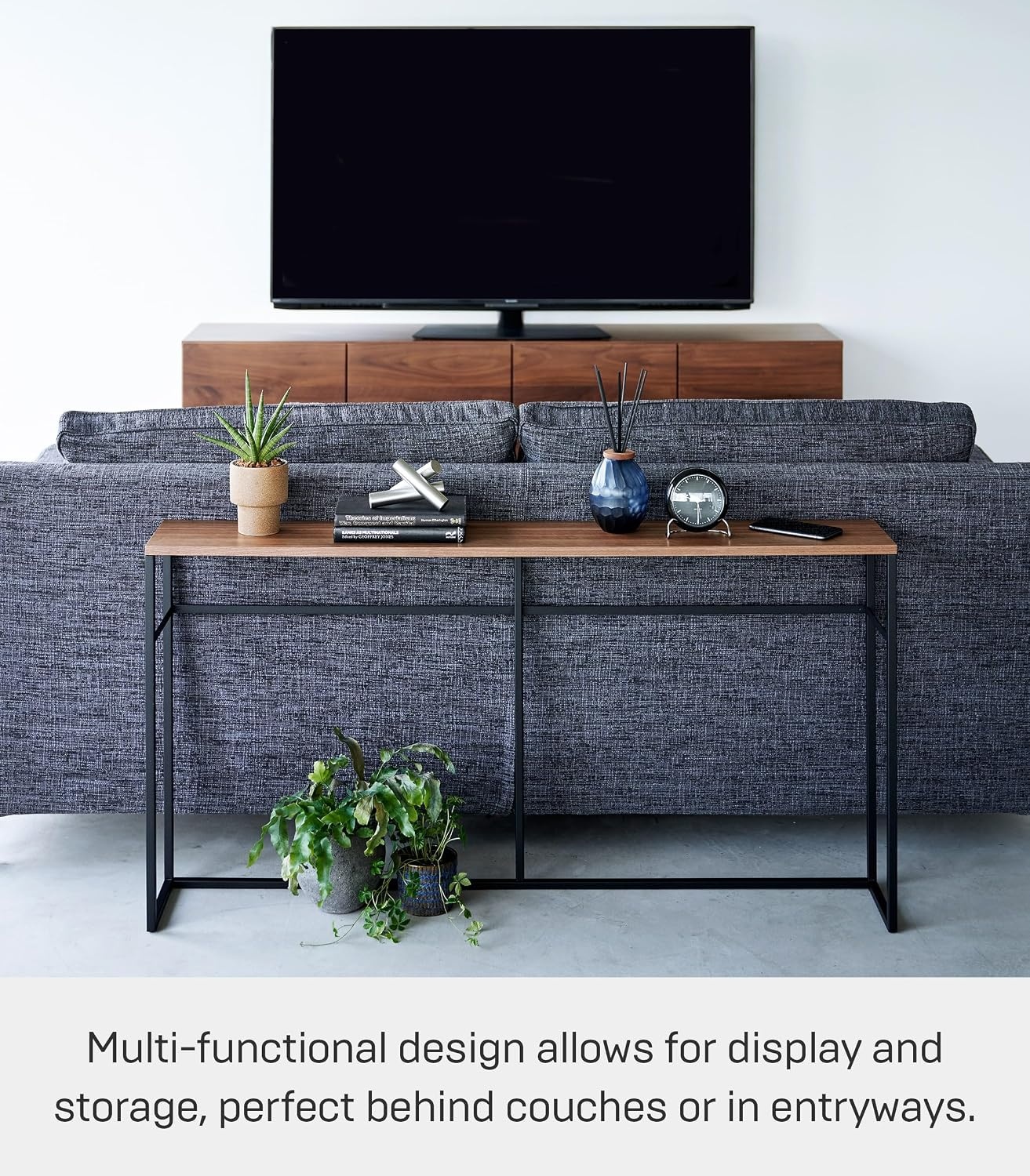 image:imageYAMAZAKI Home Tower Long Console Table for Entryway Or Hallways Narrow Behnd Sofa Table with Wooden TopBlack