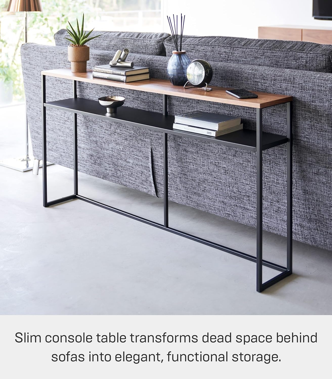 image:imageYAMAZAKI Home Tower Long Console Table for Entryway Or Hallways Narrow Behnd Sofa Table with Wooden TopBlack