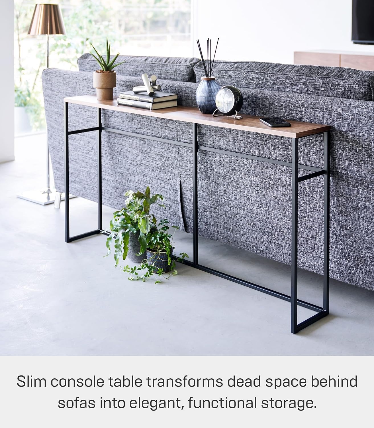 image:imageYAMAZAKI Home Tower Long Console Table for Entryway Or Hallways Narrow Behnd Sofa Table with Wooden TopBlack