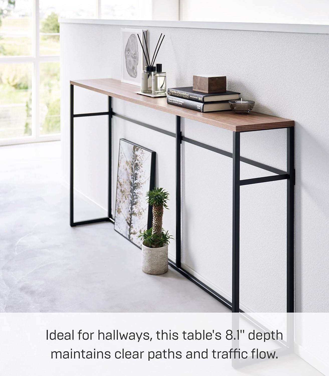 image:imageYAMAZAKI Home Tower Long Console Table for Entryway Or Hallways Narrow Behnd Sofa Table with Wooden TopBlack