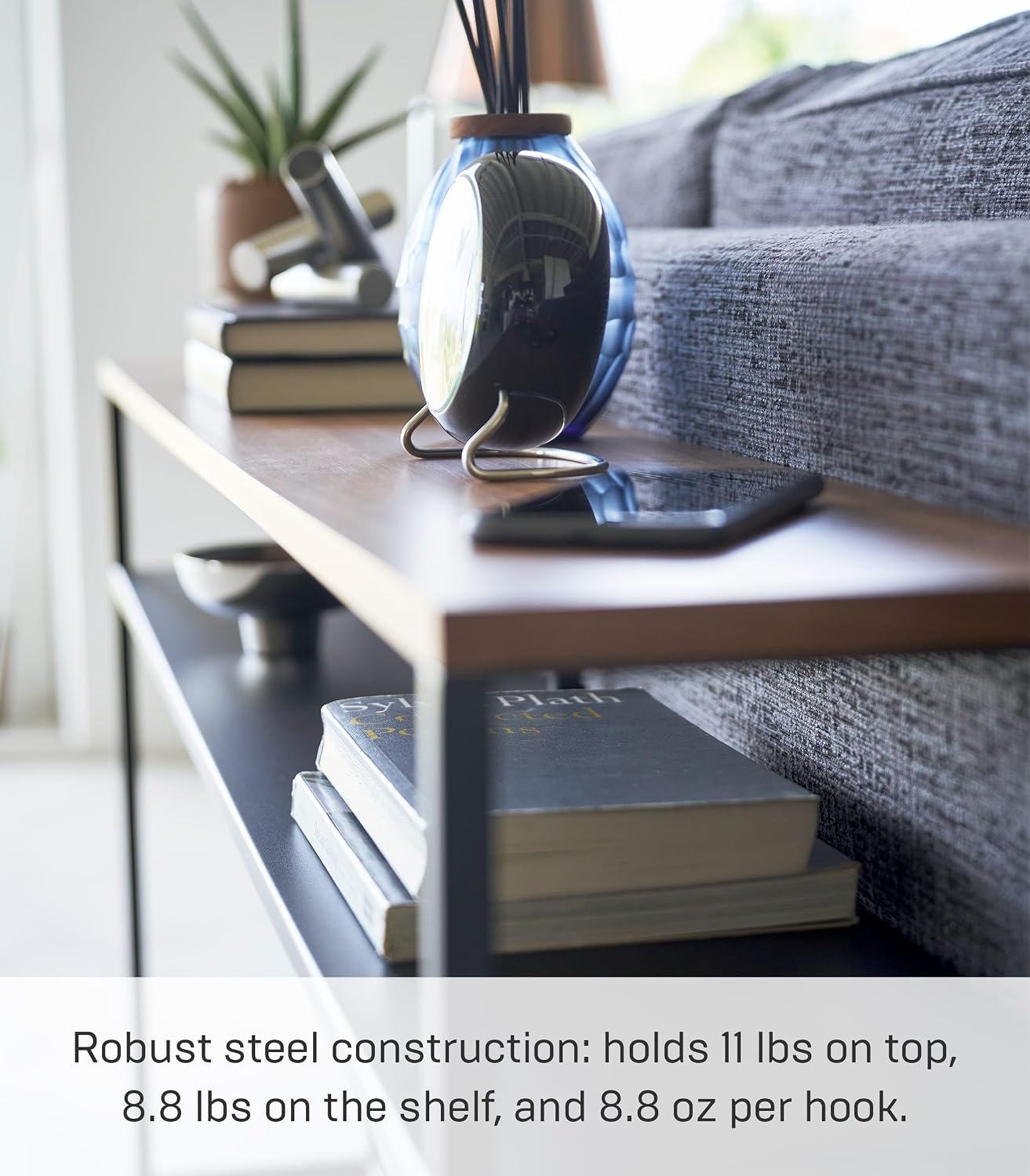 image:imageYAMAZAKI Home Tower Long Console Table for Entryway Or Hallways Narrow Behnd Sofa Table with Wooden TopBlack