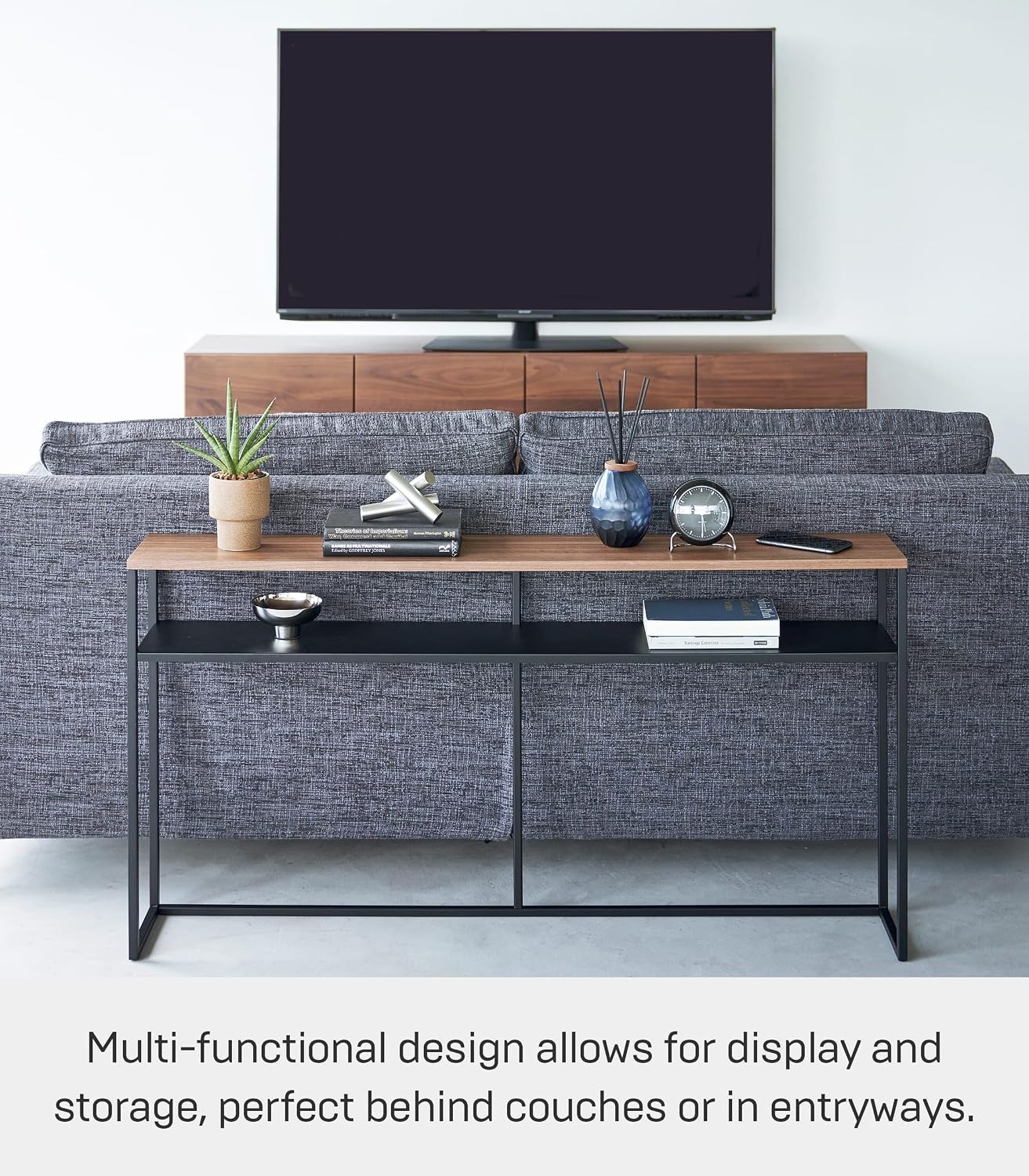 image:imageYAMAZAKI Home Tower Long Console Table for Entryway Or Hallways Narrow Behnd Sofa Table with Wooden TopBlack
