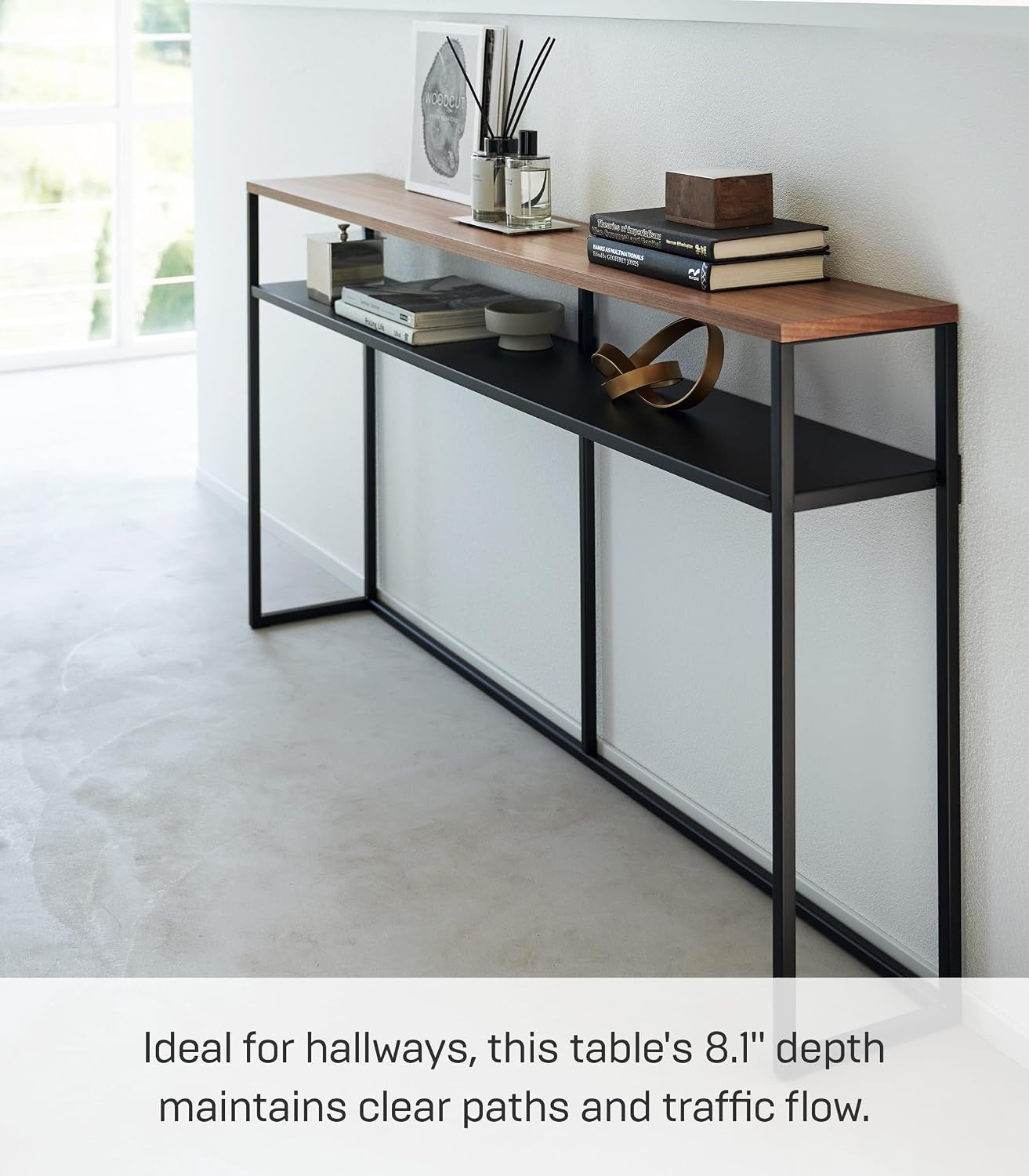 image:imageYAMAZAKI Home Tower Long Console Table for Entryway Or Hallways Narrow Behnd Sofa Table with Wooden TopBlack