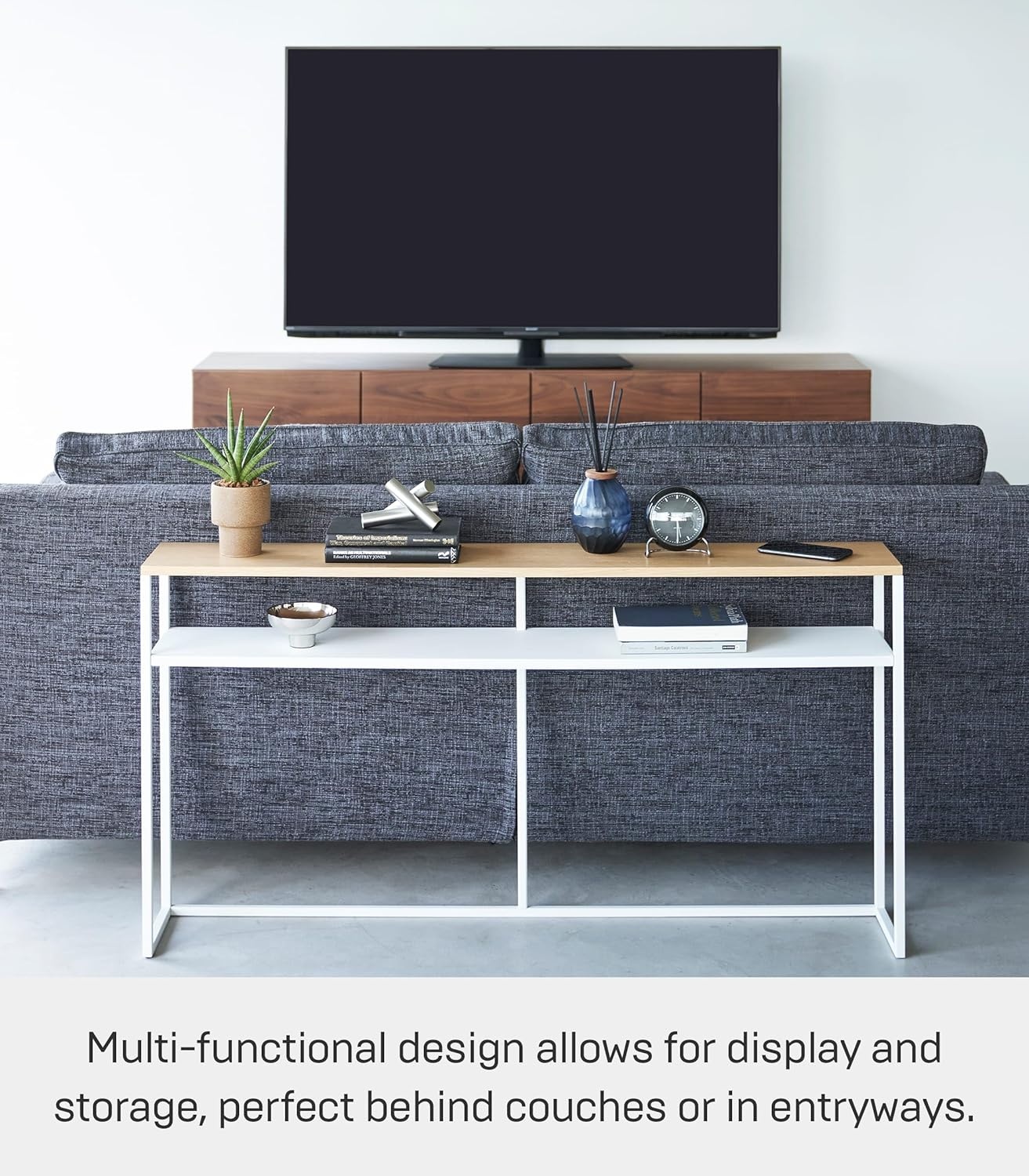 image:imageYAMAZAKI Home Tower Long Console Table for Entryway Or Hallways Narrow Behnd Sofa Table with Wooden TopWhite