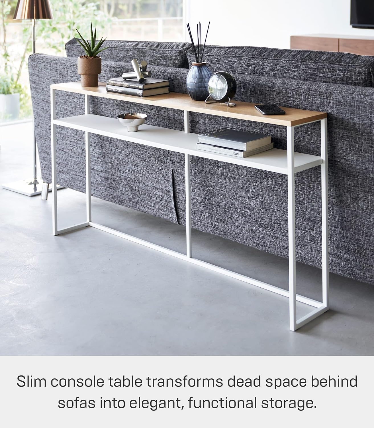 image:imageYAMAZAKI Home Tower Long Console Table for Entryway Or Hallways Narrow Behnd Sofa Table with Wooden TopWhite
