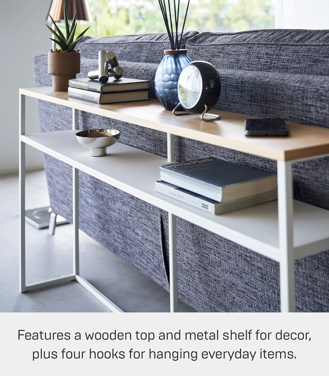 image:imageYAMAZAKI Home Tower Long Console Table for Entryway Or Hallways Narrow Behnd Sofa Table with Wooden TopWhite