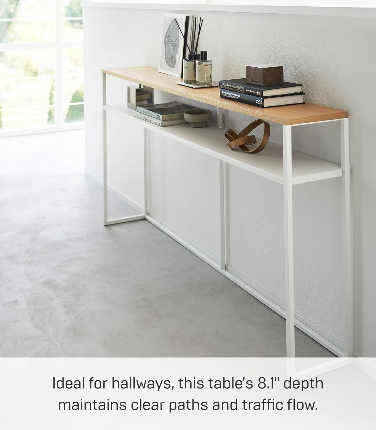 image:imageYAMAZAKI Home Tower Long Console Table for Entryway Or Hallways Narrow Behnd Sofa Table with Wooden TopWhite