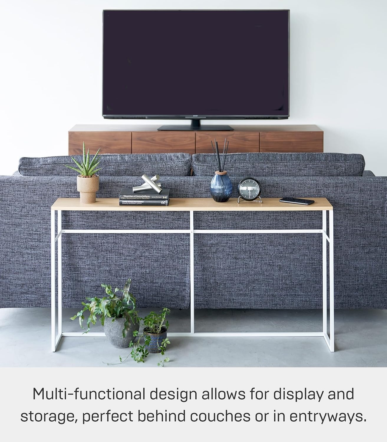image:imageYAMAZAKI Home Tower Long Console Table for Entryway Or Hallways Narrow Behnd Sofa Table with Wooden TopWhite