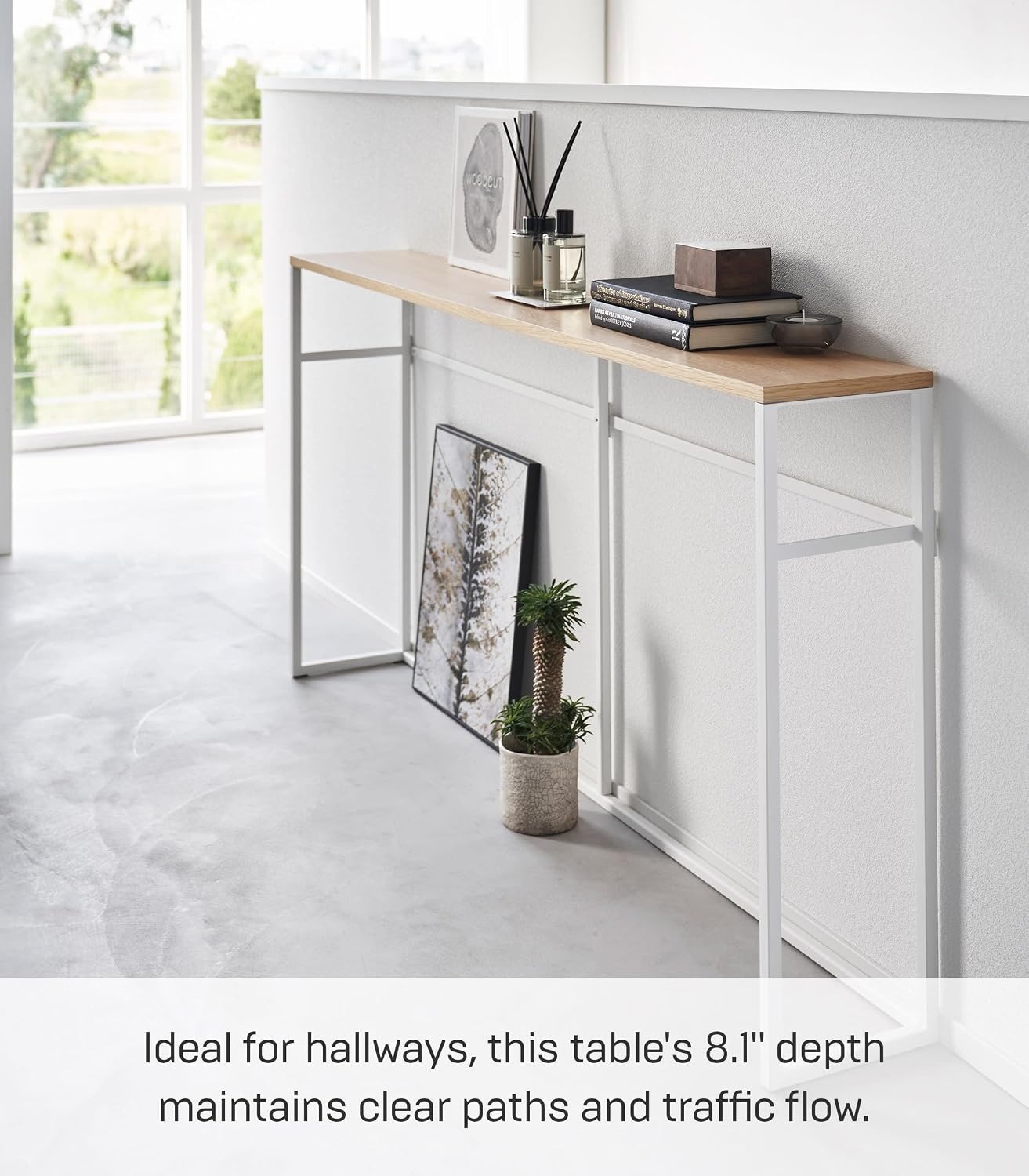 image:imageYAMAZAKI Home Tower Long Console Table for Entryway Or Hallways Narrow Behnd Sofa Table with Wooden TopWhite