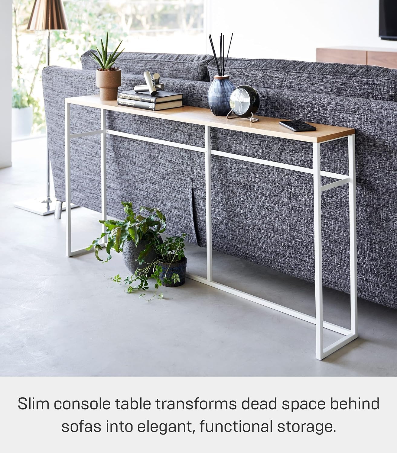 image:imageYAMAZAKI Home Tower Long Console Table for Entryway Or Hallways Narrow Behnd Sofa Table with Wooden TopWhite