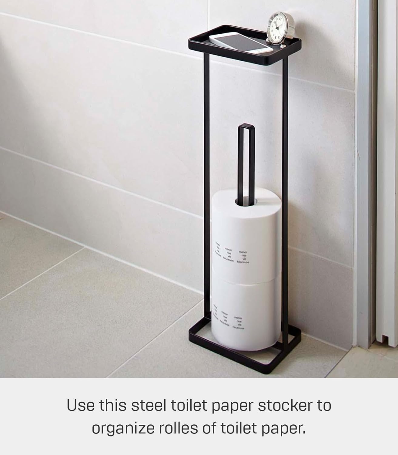 image:imageYAMAZAKI Home Tower Roll Paper Stand with Tray Steel Holds 3 Toilet Paper RollsBlack